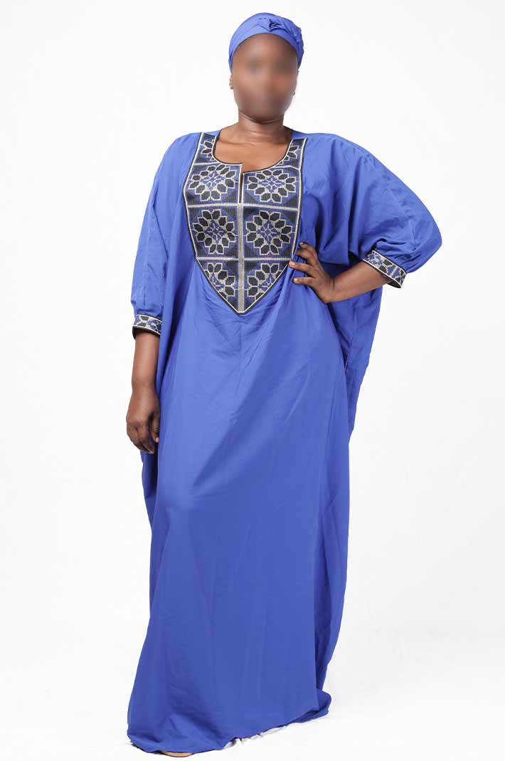 Blue Boubou with Embroidery and Matching Scarf – elegant African-inspired outfit available at BaobabMart.