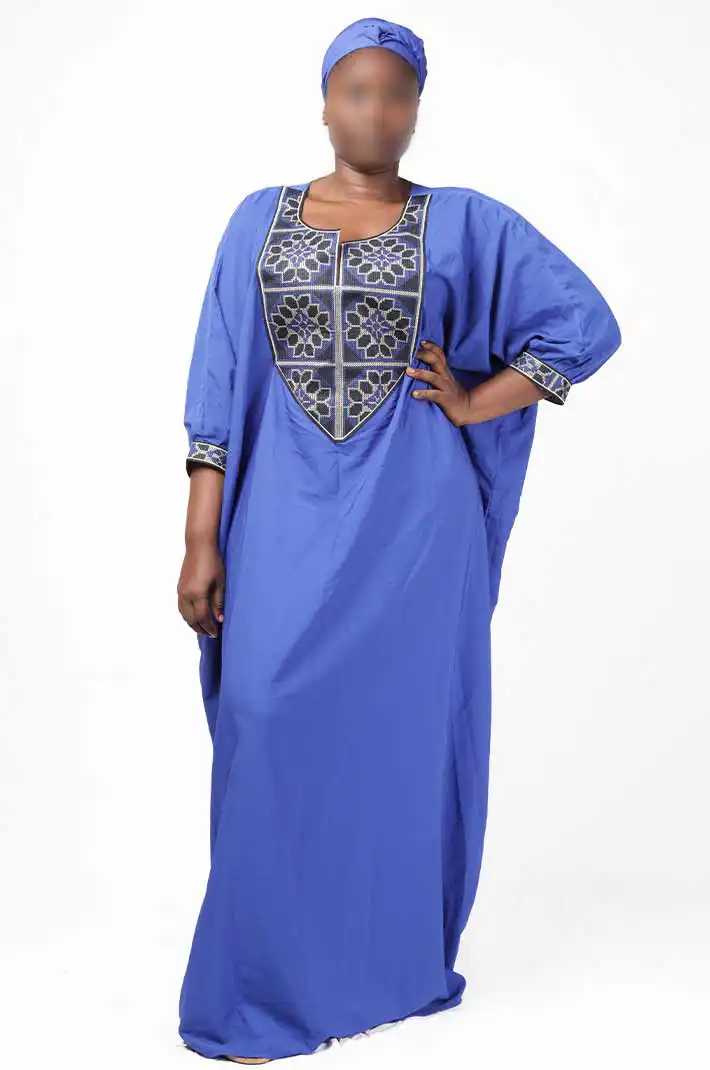 Blue Boubou with Embroidery and Matching Scarf – elegant African-inspired outfit available at BaobabMart.