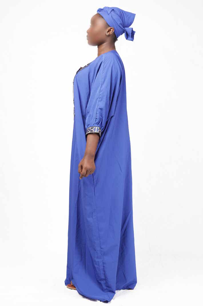 Blue boubou with embroidery on chest and sleeves, and matching scarf 2 Blue Boubou with Embroidery and Matching Scarf – elegant African-inspired outfit available at BaobabMart.