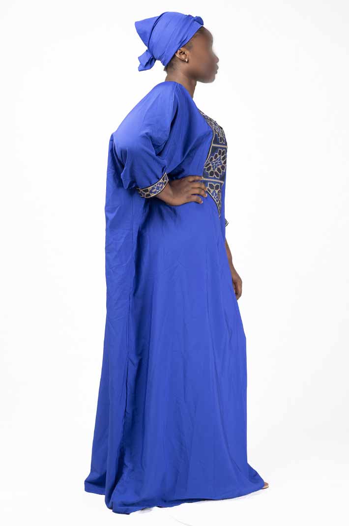 Blue boubou with embroidery on chest and sleeves, and matching scarf 4 Blue Boubou with Embroidery and Matching Scarf – elegant African-inspired outfit available at BaobabMart.