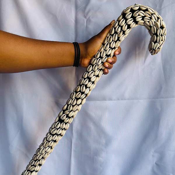African Carved Cowrie Walking Stick – handcrafted functional art at BaobabMart.