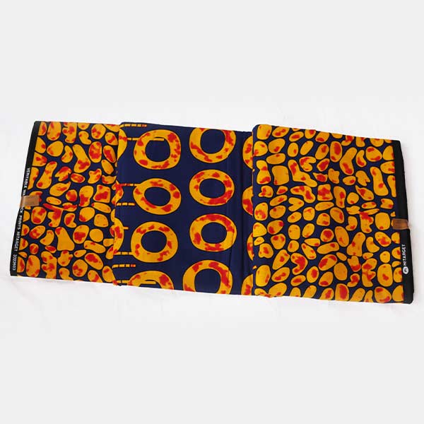 Hitarget Blue and Orange fabric with round prints 3 Close-up of Hitarget Blue and Orange Fabric with Round Prints showing circles