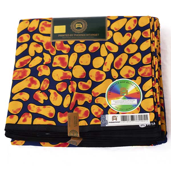 Hitarget Blue and Orange fabric with round prints 4 Close-up of Hitarget Blue and Orange Fabric with Round Prints showing circles