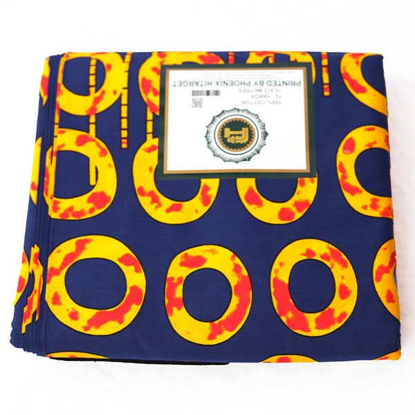 Hitarget Blue and Orange fabric with round prints 5 Close-up of Hitarget Blue and Orange Fabric with Round Prints showing circles