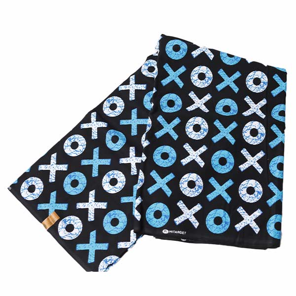 Black Hitarget XO Fabric with Prints in blue-white design at Baobabmart