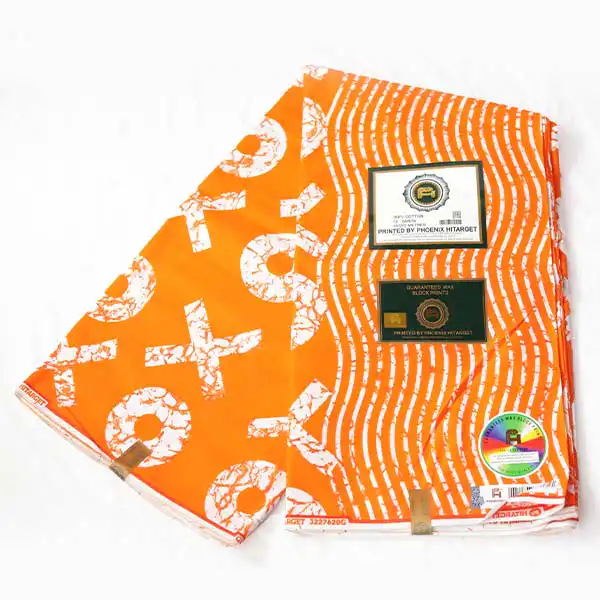 Tissu africain Hitarget XO Orange à vendre avec des imprimés XO orange acidulés chez Baobabmart