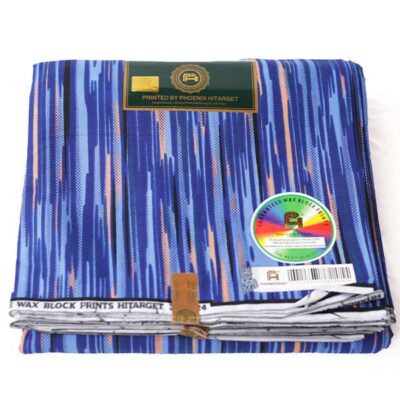 Close-up of Hitarget Blue Fabric with Black and Blush Vertical Prints showing stripes