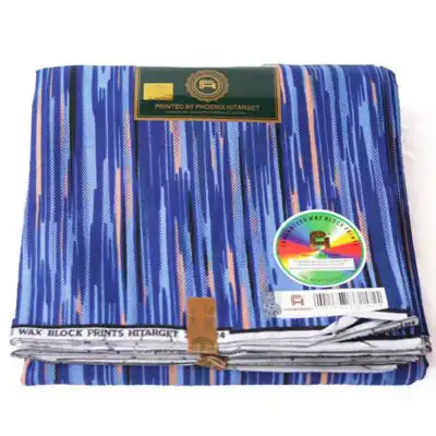 Close-up of Hitarget Blue Fabric with Black and Blush Vertical Prints showing stripes