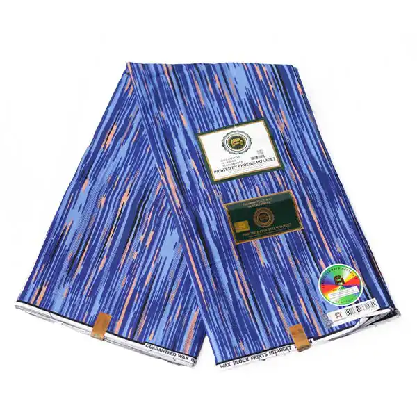 Close-up of Hitarget Blue Fabric with Black and Blush Vertical Prints showing stripes