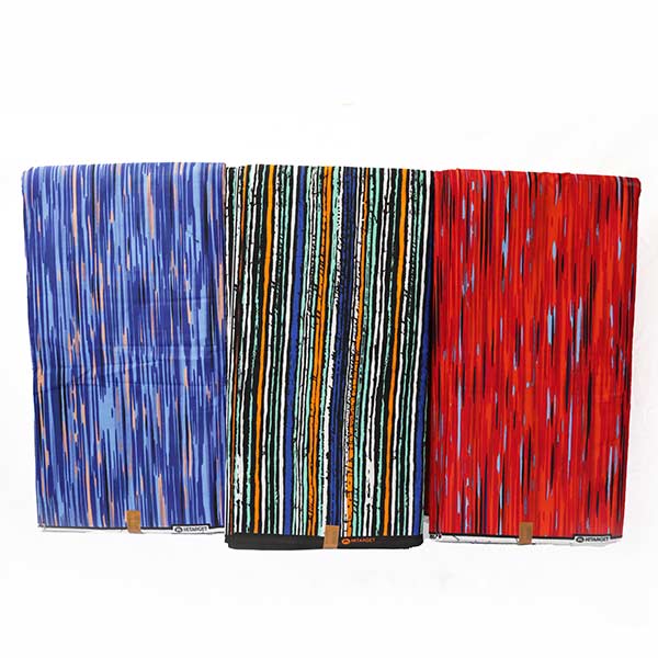 Hitarget blue fabric with black and blush vertical prints 8 Close-up of Hitarget Blue Fabric with Black and Blush Vertical Prints showing stripes