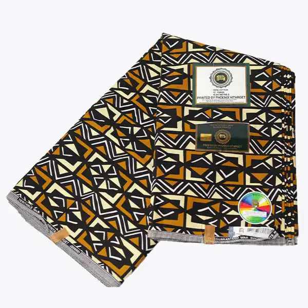 Tissu Hitarget à formes géométriques jaune, marron et noir – tissu audacieux et élégant disponible chez BaobabMart.