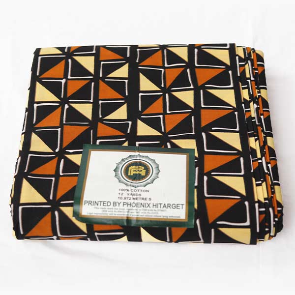 Hitarget Fabric with Yellow Salmon and Black Geometric Prints – bold, stylish fabric available at BaobabMart.