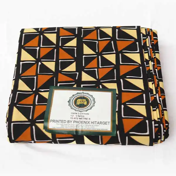 Tissu Hitarget avec des imprimés géométriques jaune saumon et noirs – tissu audacieux et élégant disponible chez BaobabMart.