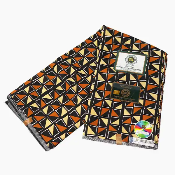 Tissu Hitarget avec des imprimés géométriques jaune saumon et noirs – tissu audacieux et élégant disponible chez BaobabMart.