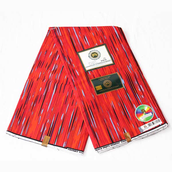 Hitarget red fabric with blue and black vertical prints 1 Close-up of Fabric with Blue and Black Vertical Prints showing stripes