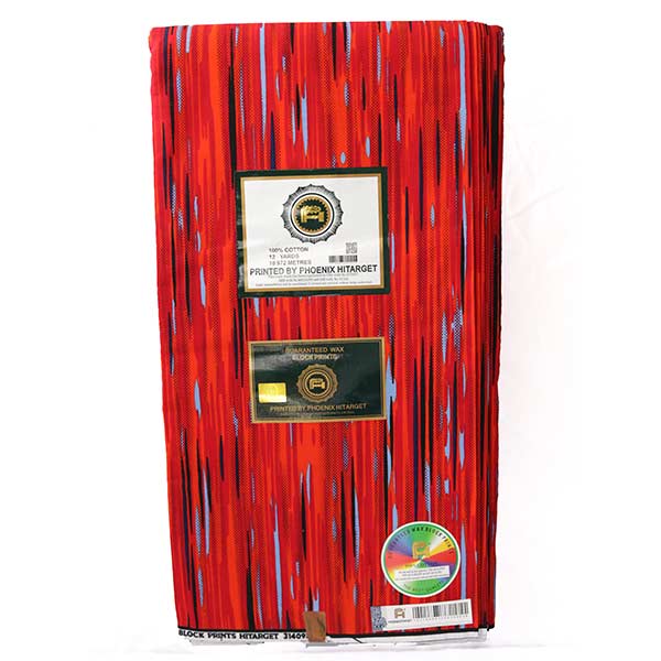 Hitarget red fabric with blue and black vertical prints 2 Close-up of Fabric with Blue and Black Vertical Prints showing stripes