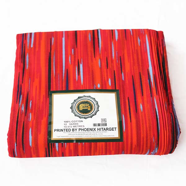 Hitarget red fabric with blue and black vertical prints 3 Close-up of Fabric with Blue and Black Vertical Prints showing stripes