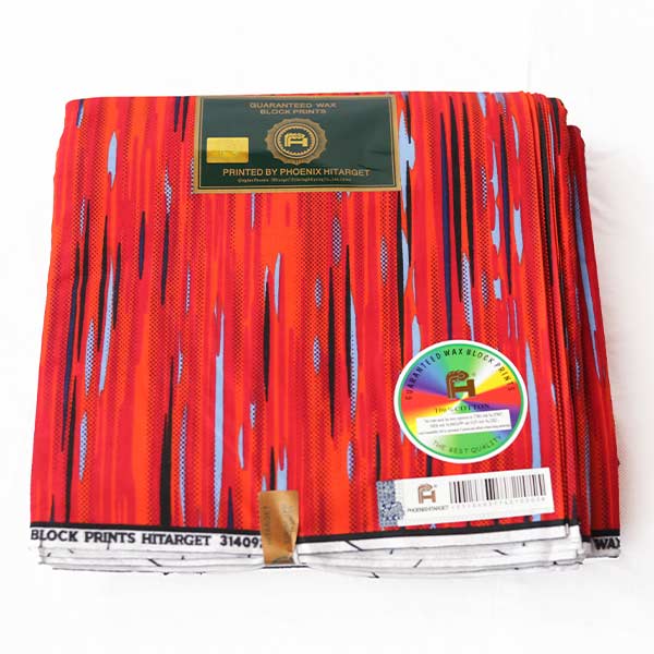 Hitarget red fabric with blue and black vertical prints 4 Close-up of Fabric with Blue and Black Vertical Prints showing stripes