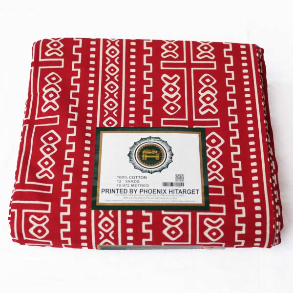 Hitarget red fabric with white block prints 1 Hitarget Red Fabric with White Block Prints for Sale – bold, stylish fabric available at BaobabMart.