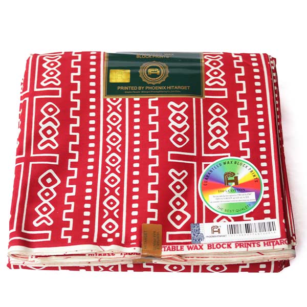 Hitarget red fabric with white block prints 2 Hitarget Red Fabric with White Block Prints for Sale – bold, stylish fabric available at BaobabMart.
