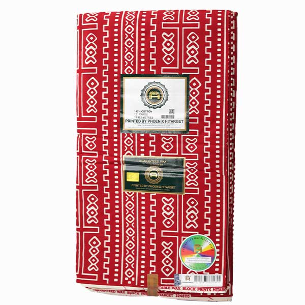 Hitarget red fabric with white block prints 4 Hitarget Red Fabric with White Block Prints for Sale – bold, stylish fabric available at BaobabMart.