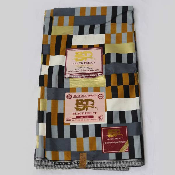 Kente Inspire Black Prince Fabric 1 Close-up of Kente Inspired Black Prince Fabric for Sale showing Kente prints