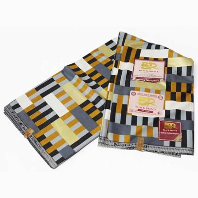 Close-up of Kente Inspired Black Prince Fabric for Sale showing Kente prints