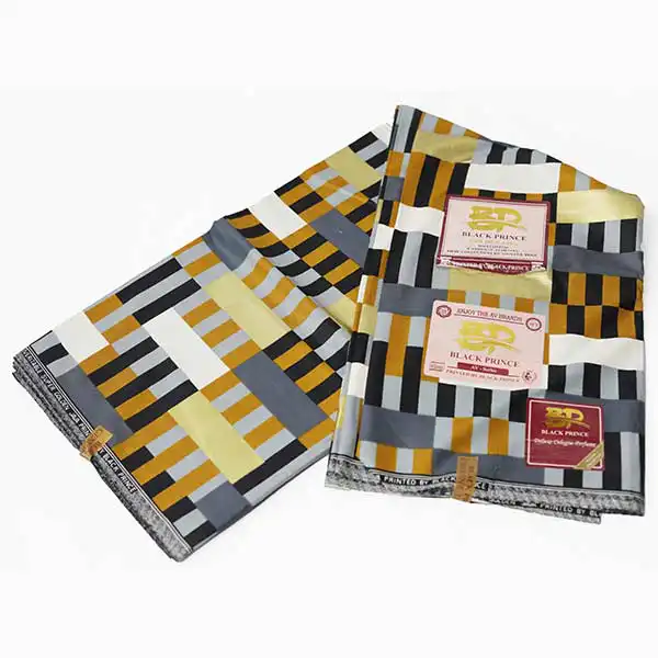 Close-up of Kente Inspired Black Prince Fabric for Sale showing Kente prints