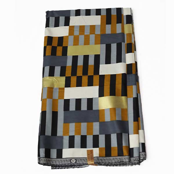 Kente Inspire Black Prince Fabric 3 Close-up of Kente Inspired Black Prince Fabric for Sale showing Kente prints