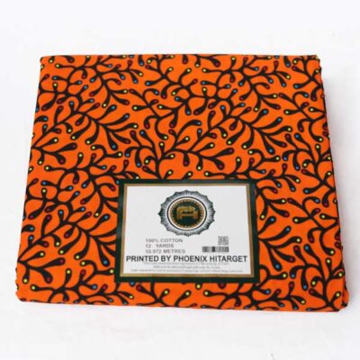 Exclusive African Orange Hitarget Fabric with Black Foliage Prints