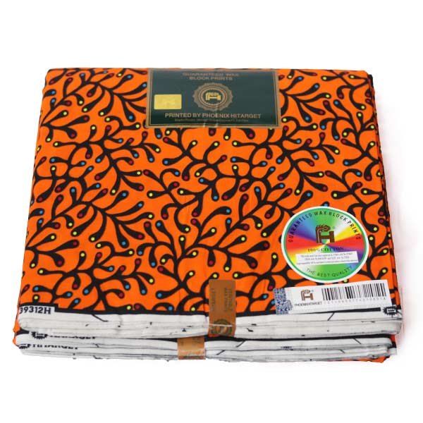 Orange Hitarget fabric with black foliage prints 2 Exclusive African Orange Hitarget Fabric with Black Foliage Prints