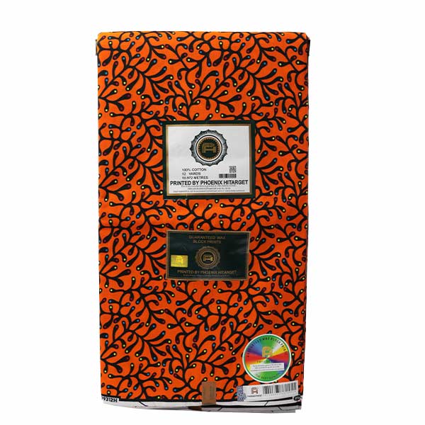 Orange Hitarget fabric with black foliage prints 4 Exclusive African Orange Hitarget Fabric with Black Foliage Prints