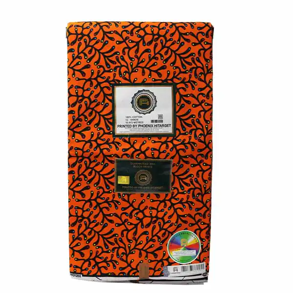 Exclusive African Orange Hitarget Fabric with Black Foliage Prints
