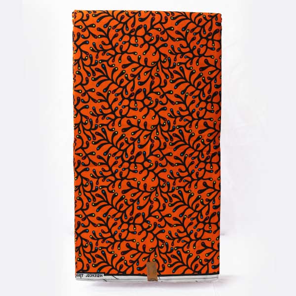 Orange Hitarget fabric with black foliage prints 5 Exclusive African Orange Hitarget Fabric with Black Foliage Prints