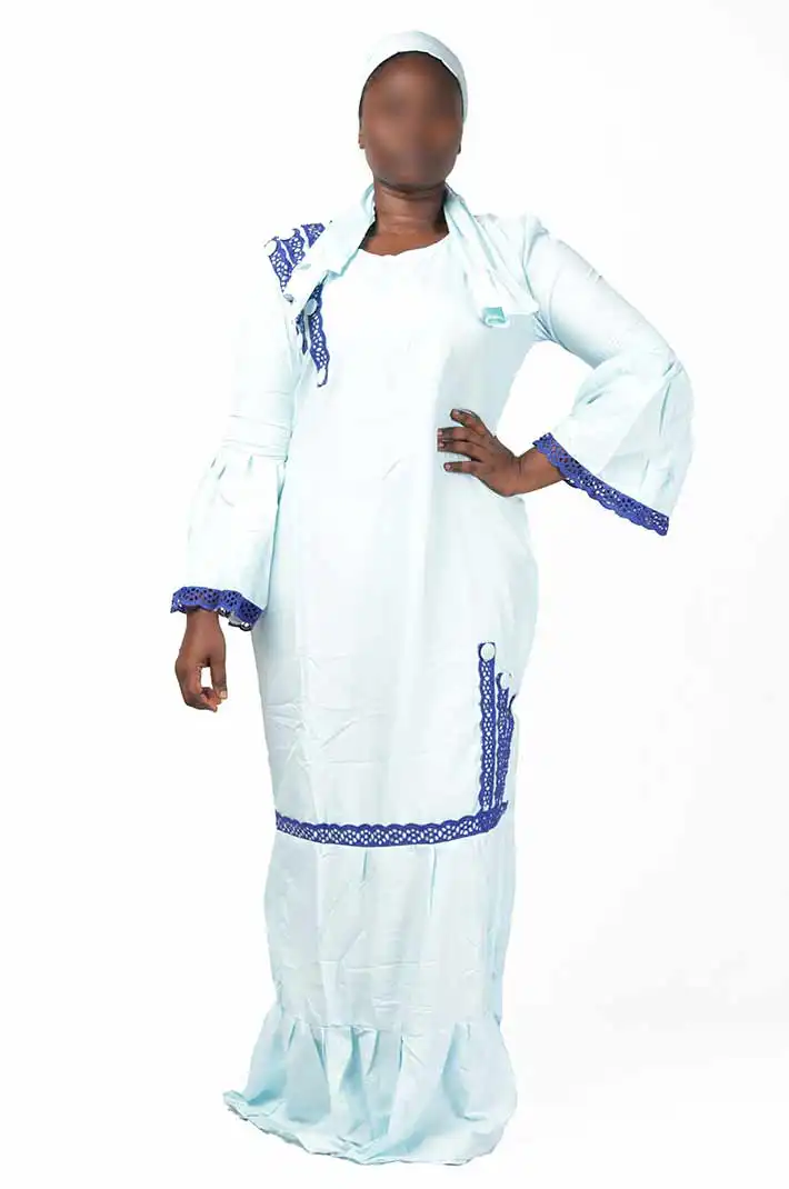 Senegalese Dress with Dark Blue Embroidery and Matching Scarf – elegant African-inspired outfit available at BaobabMart.