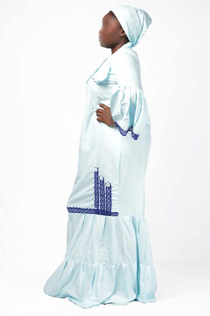 Pale blue Senegalese dress with dark blue embroidery and matching scarf 2 Senegalese Dress with Dark Blue Embroidery and Matching Scarf – elegant African-inspired outfit available at BaobabMart.