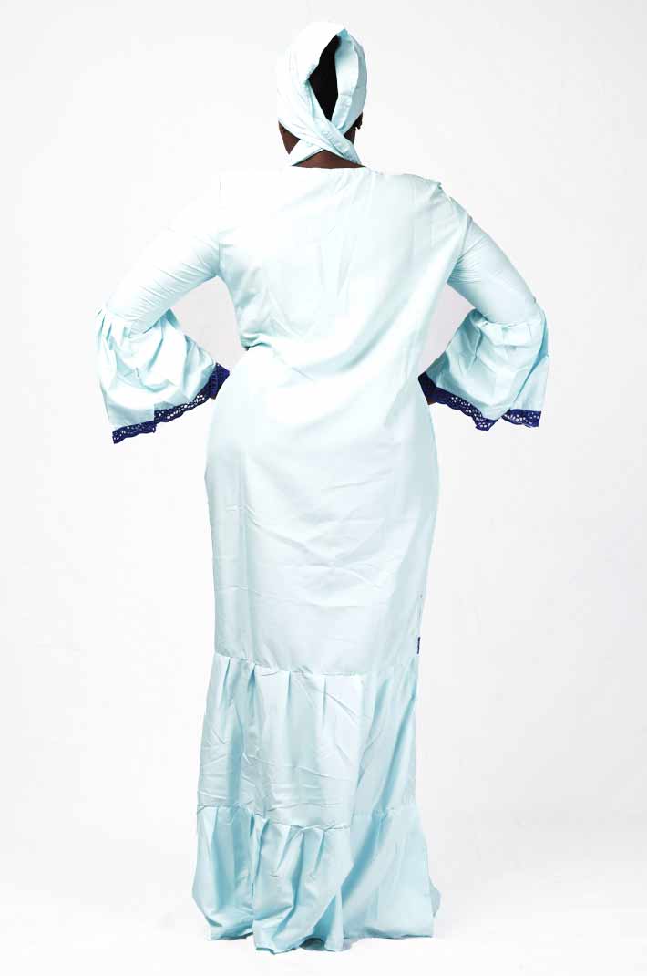 Pale blue Senegalese dress with dark blue embroidery and matching scarf 3 Senegalese Dress with Dark Blue Embroidery and Matching Scarf – elegant African-inspired outfit available at BaobabMart.