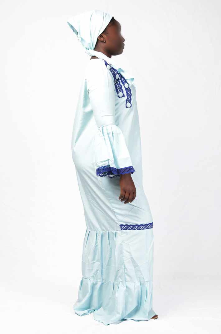 Pale blue Senegalese dress with dark blue embroidery and matching scarf 4 Senegalese Dress with Dark Blue Embroidery and Matching Scarf – elegant African-inspired outfit available at BaobabMart.