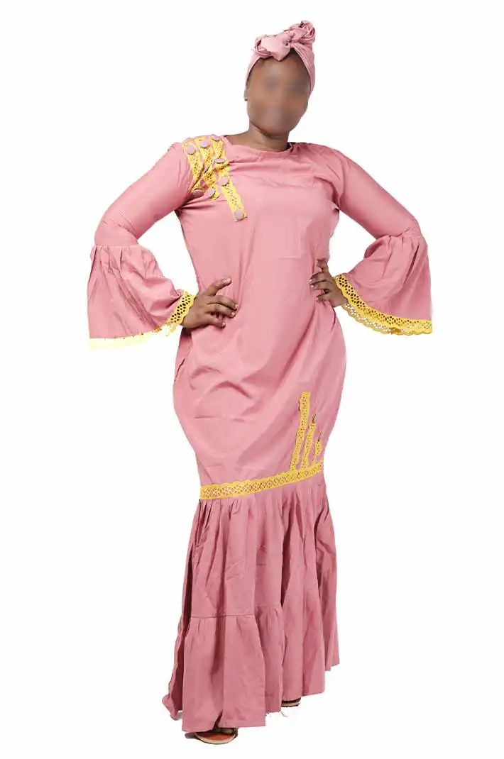 Pale Pink Senegalese Dress with Yellow Embroidery and Scarf – elegant African-inspired outfit available at BaobabMart.
