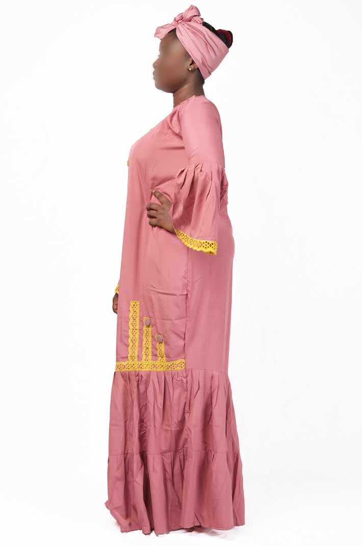 Pale Pink Senegalese Dress with Yellow Embroidery and Scarf – elegant African-inspired outfit available at BaobabMart.