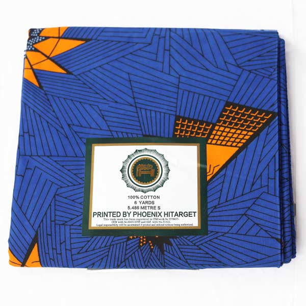 Printed blue Hitarget fabric with orange motifs 2 Printed Blue Hitarget Fabric with Orange Motifs – bold and vibrant fabric at BaobabMart.