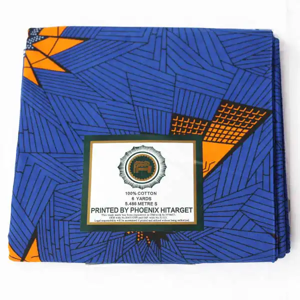 Printed blue Hitarget fabric with orange motifs 2 Printed Blue Hitarget Fabric with Orange Motifs – bold and vibrant fabric at BaobabMart.