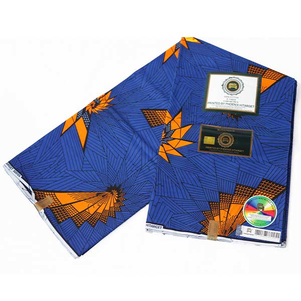 Printed Blue Hitarget Fabric with Orange Motifs – bold and vibrant fabric at BaobabMart.