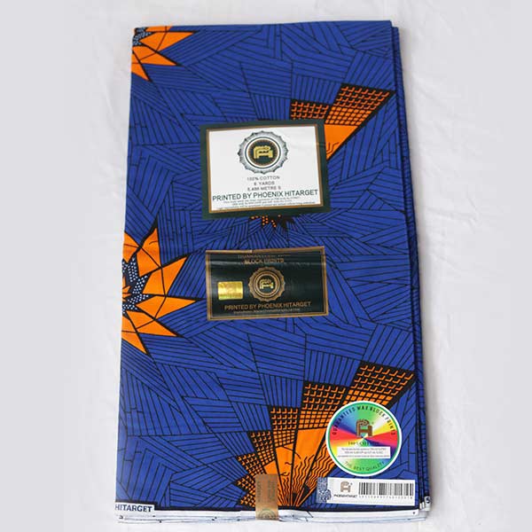 Printed blue Hitarget fabric with orange motifs 4 Printed Blue Hitarget Fabric with Orange Motifs – bold and vibrant fabric at BaobabMart.