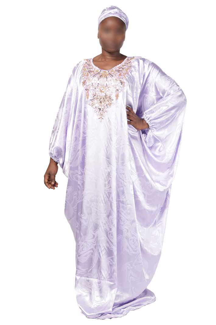 Purple Boubou with Gold Embroidery and Matching Scarf – elegant African-inspired outfit available at BaobabMart.