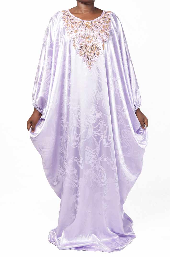 Purple Boubou with Gold Embroidery and Matching Scarf – elegant African-inspired outfit available at BaobabMart.