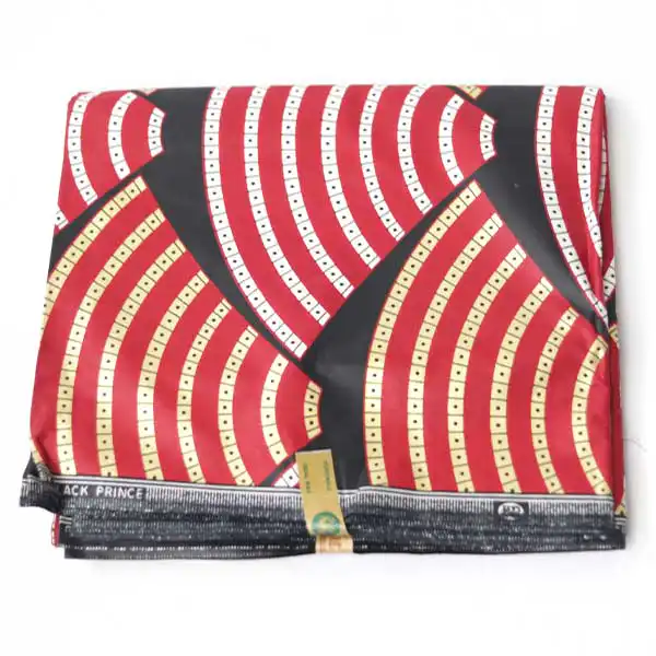 Aperçu Tissu africain Prince rouge noir à vendre - avec motifs noirs, blancs et jaunes
