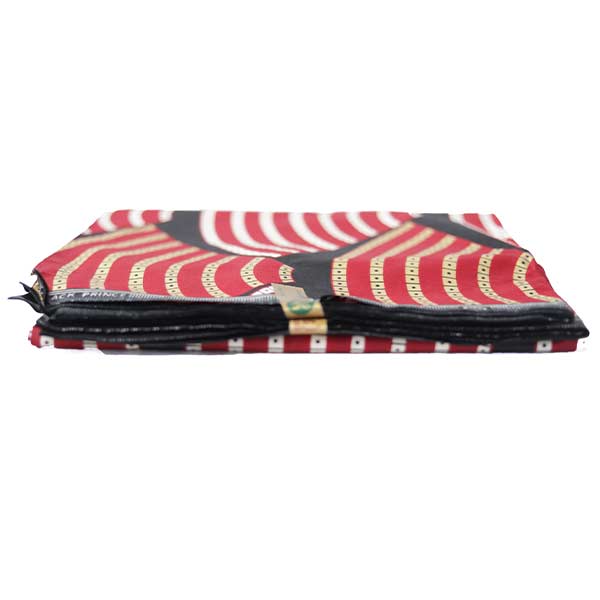 Red Black Prince Fabric with Black, White and Yellow Motifs 4 Overview African Red Black Prince Fabric for Sale - with Black, White and Yellow Motifs