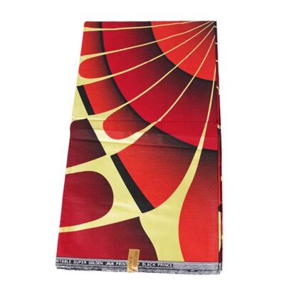 Red Black Prince Fabric with Golden and Black Motifs – bold, stylish fabric available at BaobabMart.