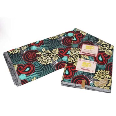 Close-up of Red Blue and Gold Black Prince Fabric for Sale showing prints